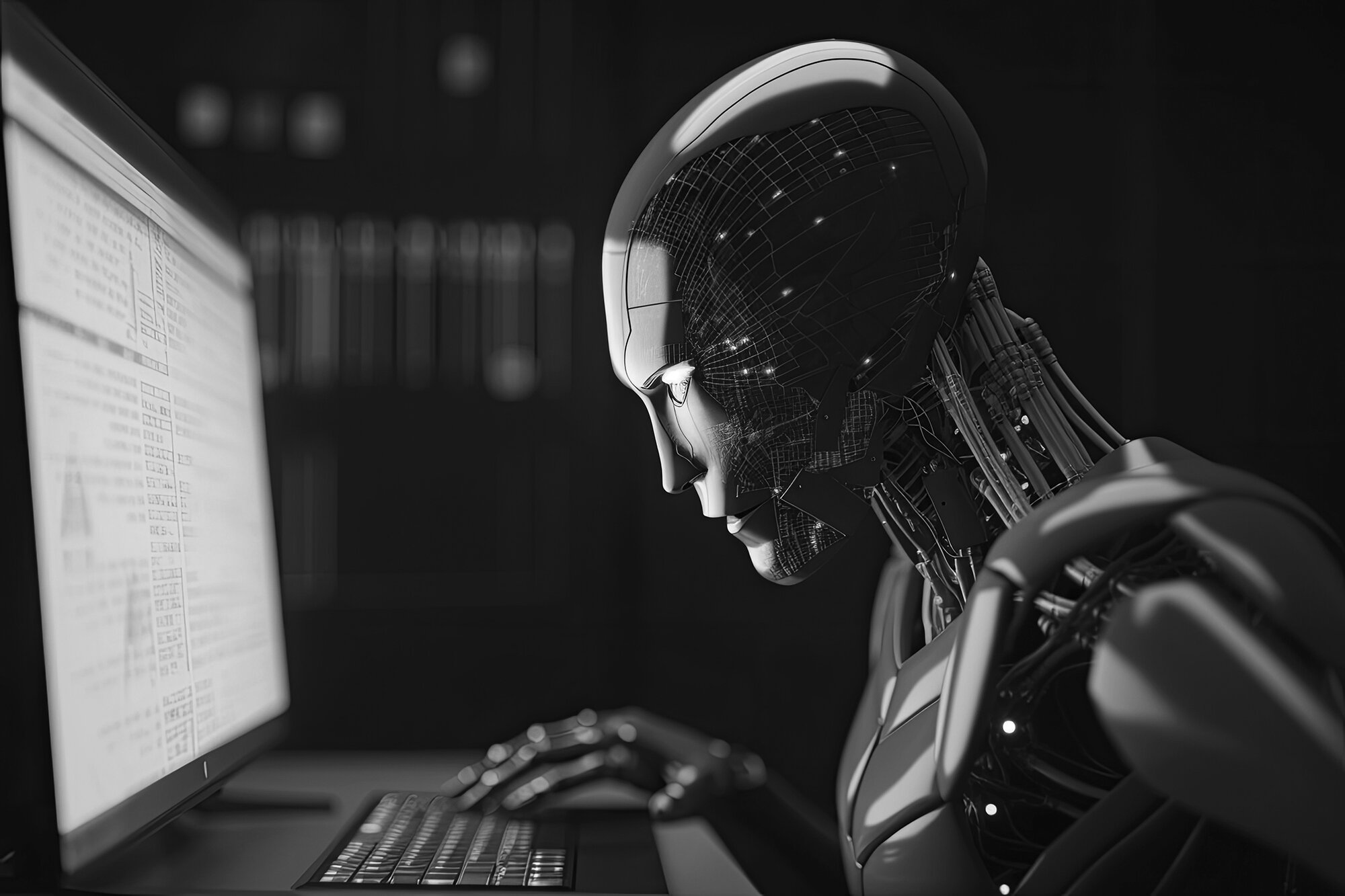 Fachsymposium KI - künstlicher Mensch bzw. Roboter an einem Computer sitzend