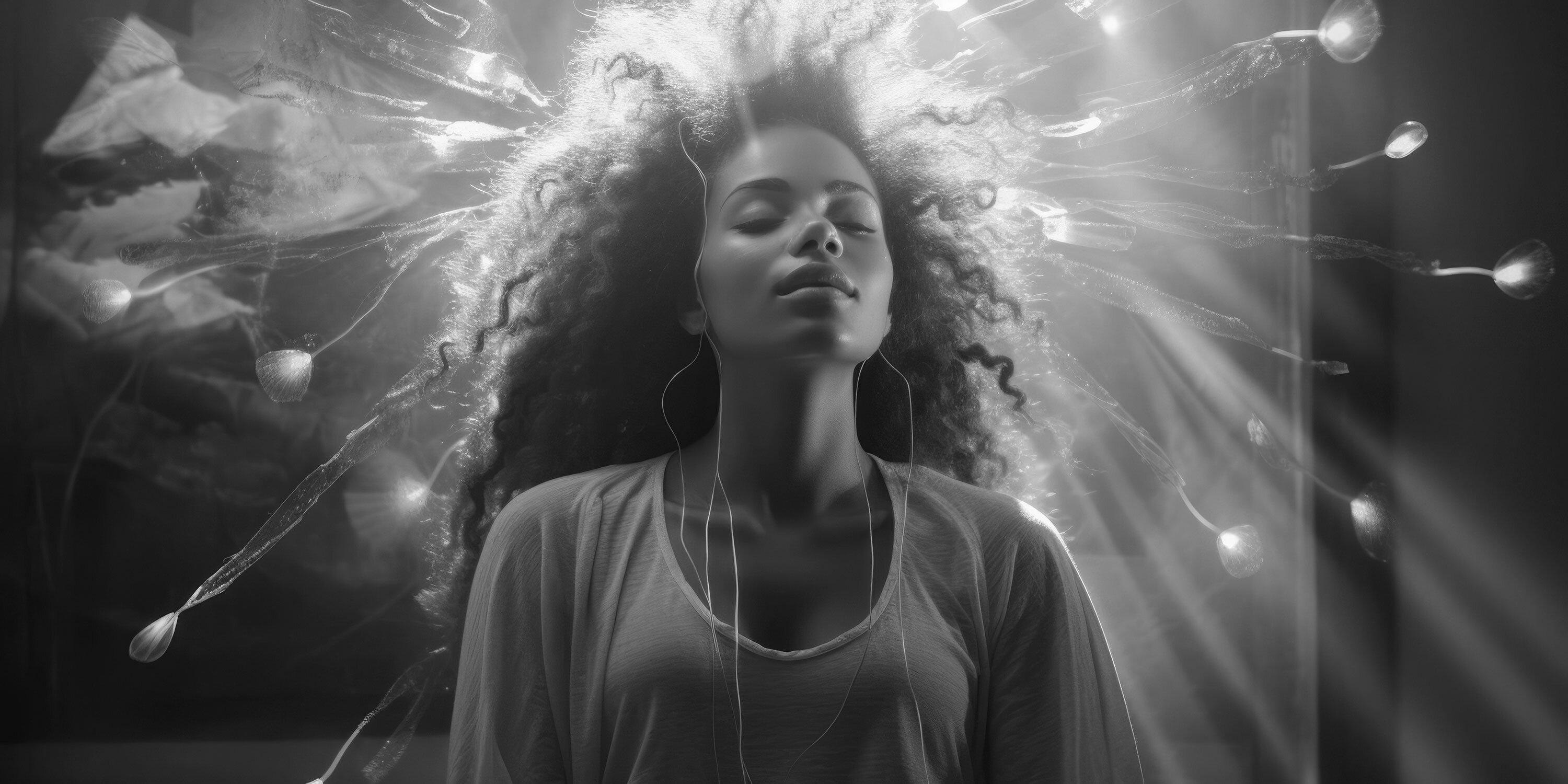 Health Inspiration Conference - Eine Frau mit lockigem Haar, aus dessen Kopf intensives Licht strömt, strahlt eine inspirierende Energie aus.